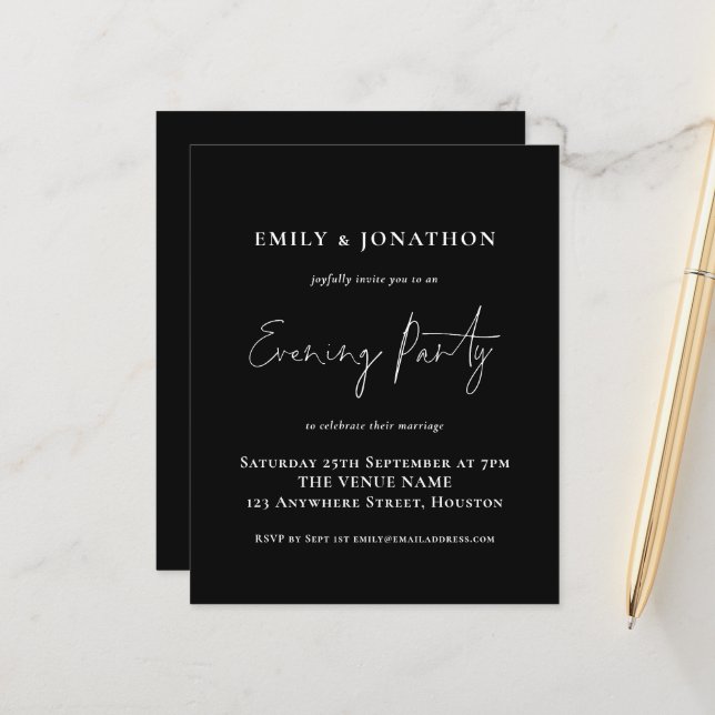 Budget Script Wedding Evening Party Black Invite (Front/Back In Situ)