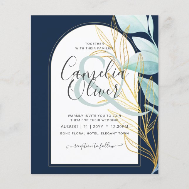 BUDGET Sea Glass Gold Leaf Ampersand Wedding Flyer (Front)
