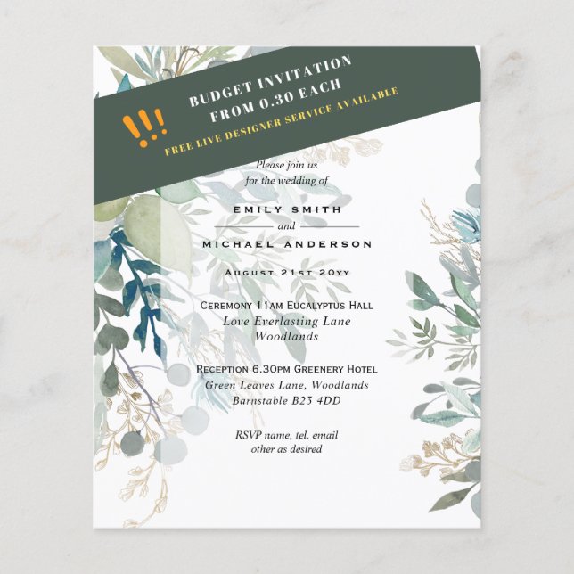 BUDGET Sea Glass Green Eucalyptus Leaves Wedding Flyer (Front)