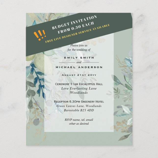 BUDGET Sea Glass Green Eucalyptus Leaves Wedding Flyer (Front)