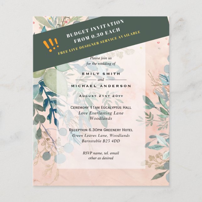 BUDGET Sea Glass Green Eucalyptus Leaves Wedding Flyer (Front)