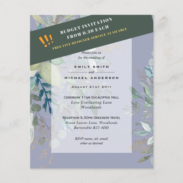 BUDGET Sea Glass Green Eucalyptus Leaves Wedding Flyer (Front)