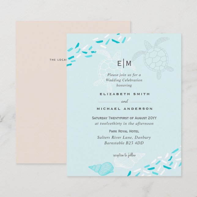 BUDGET  Sea Turtles BEACH Wedding Coral Teal (Front/Back)