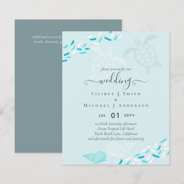 BUDGET  Sea Turtles BEACH Wedding Coral Teal (Front/Back)