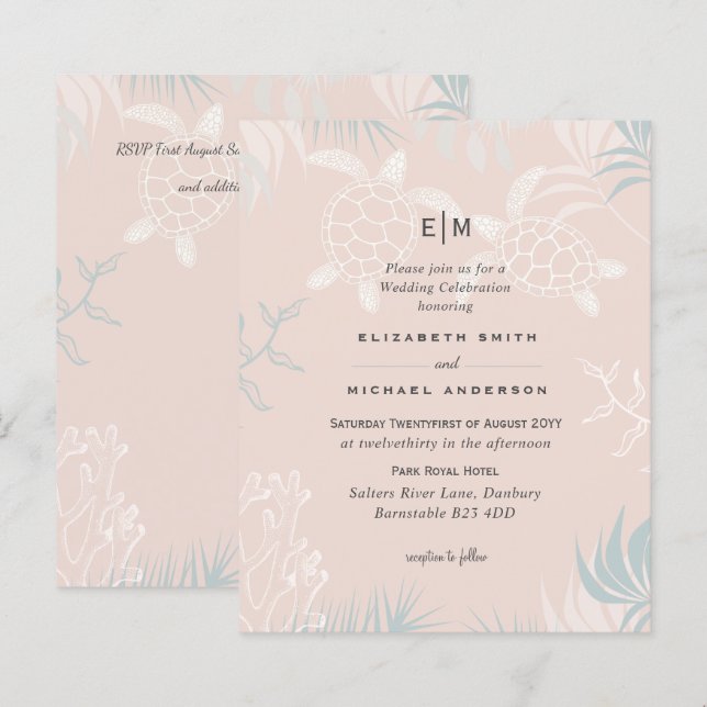 BUDGET  Sea Turtles BEACH Wedding Coral Teal (Front/Back)