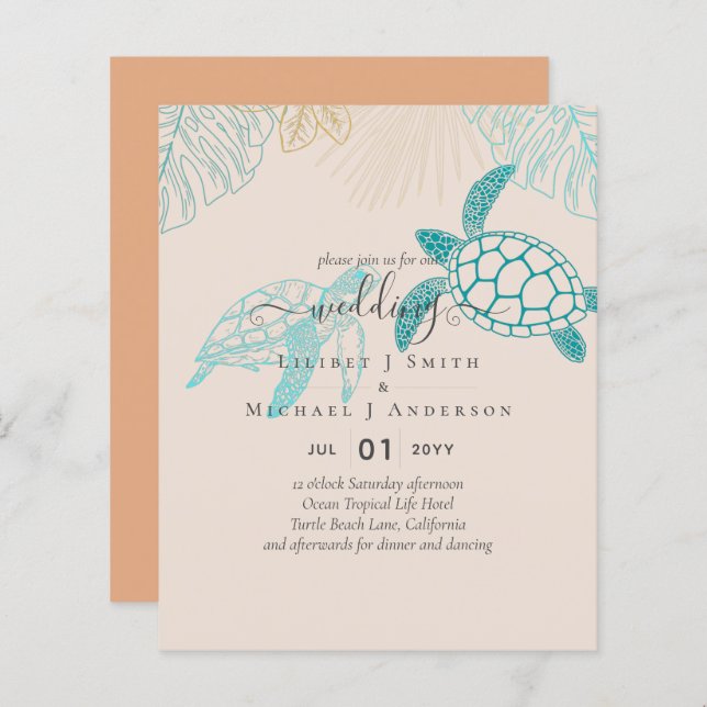 BUDGET  Sea Turtles Wedding Modern Line Art (Front/Back)