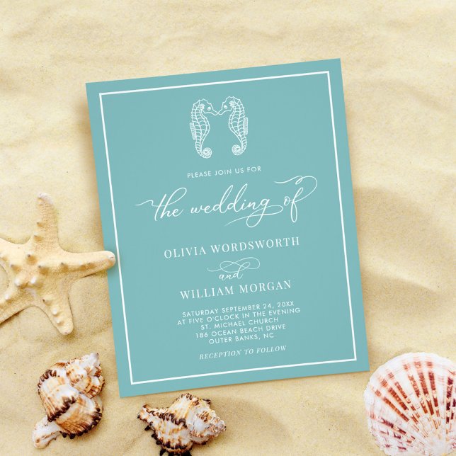 Budget Seahorse Sea Glass Blue Wedding Invitation Flyer (Creator Uploaded)