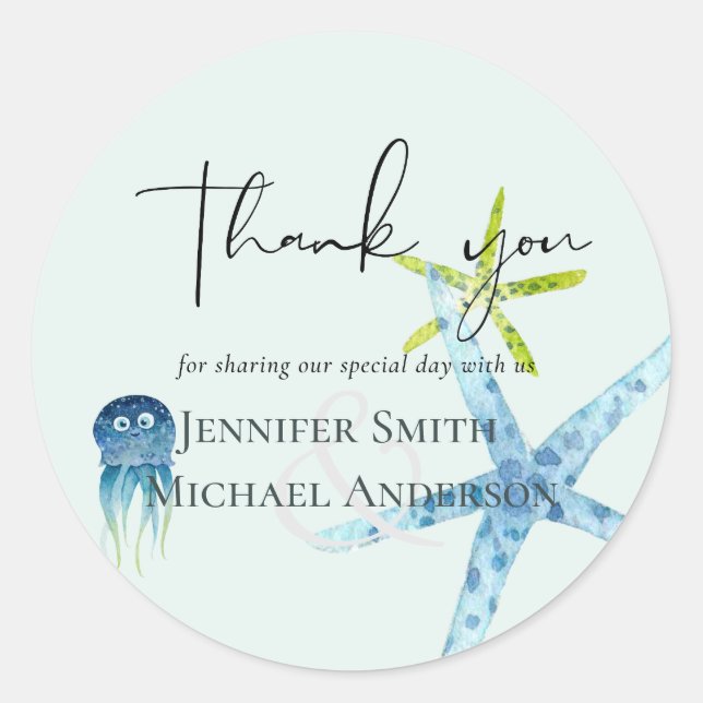 BUDGET Sealife Beach Ocean Wedding THANK YOU FAVOR Classic Round Sticker (Front)