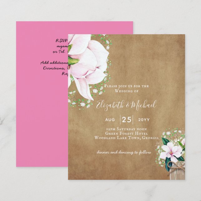 BUDGET Shabby Pink Magnolia Chic Wedding Invite (Front/Back)