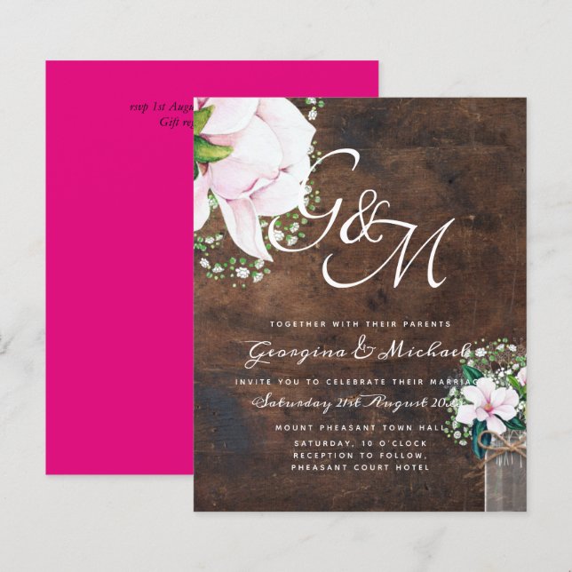 BUDGET Shabby Pink Magnolia Chic Wedding Invite (Front/Back)