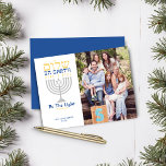 Budget Shalom Peace on Earth Hanukkah Photo<br><div class="desc">Budget Shalom Peace on Earth Hanukkah Holiday Photo Card Be the light! Send this card to friends and family this holiday, and warm their spirits with light. Silver menorah with blue and gold text of Shalom (in Hebrew) on Earth. Easy to customise with your name and photo. Easy to customise...</div>