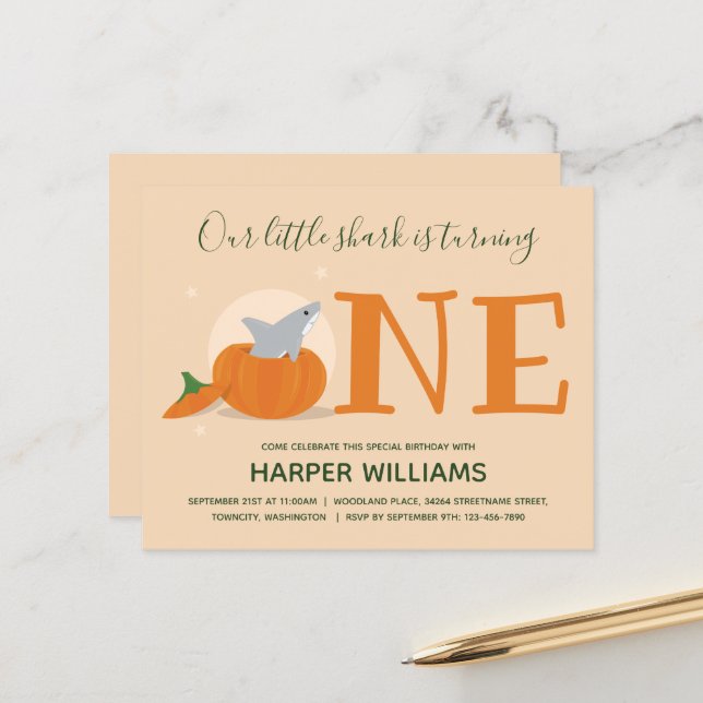 Budget Shark One Pumpkin First Birthday Invite (Front/Back In Situ)