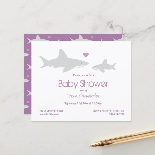 Budget Shark Purple White Baby Shower Invitation (Front/Back In Situ)