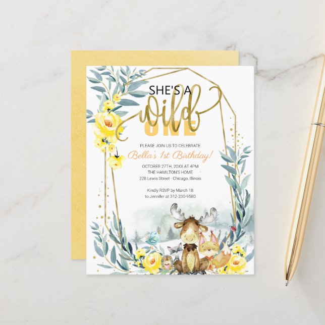 Budget  She's A Wild One First Birthday Invitation (Front/Back In Situ)