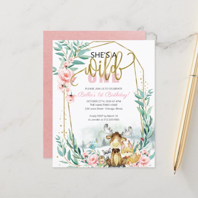 Budget  She's A Wild One First Birthday Invitation (Front/Back In Situ)