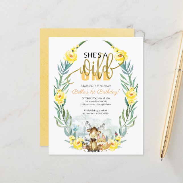 Budget She's A Wild One First Birthday Invitation (Front/Back In Situ)