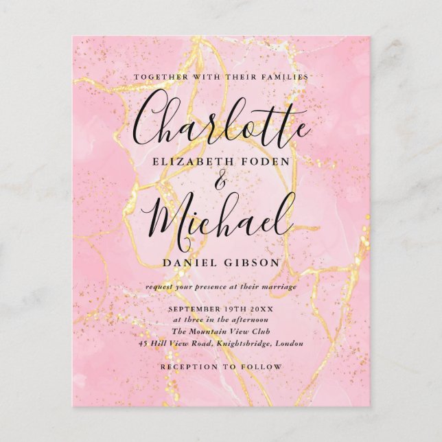 Budget Signature Script Pink Marble Wedding Invite (Front)