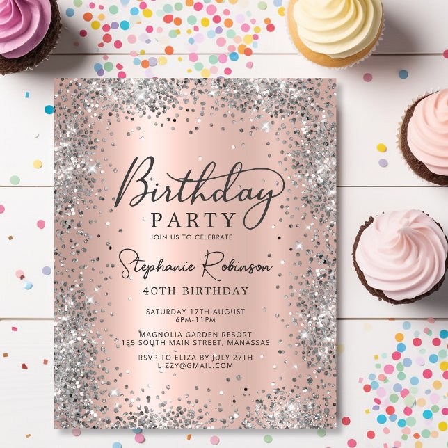 Budget Silver and Rose Gold 40th Birthday Invite (Creator Uploaded)