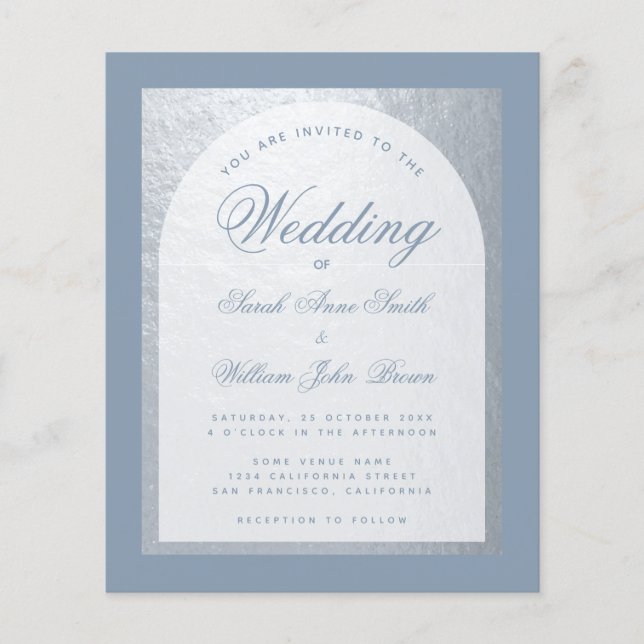 Budget Silver Arch Dusty Blue Wedding Invitation  (Front)