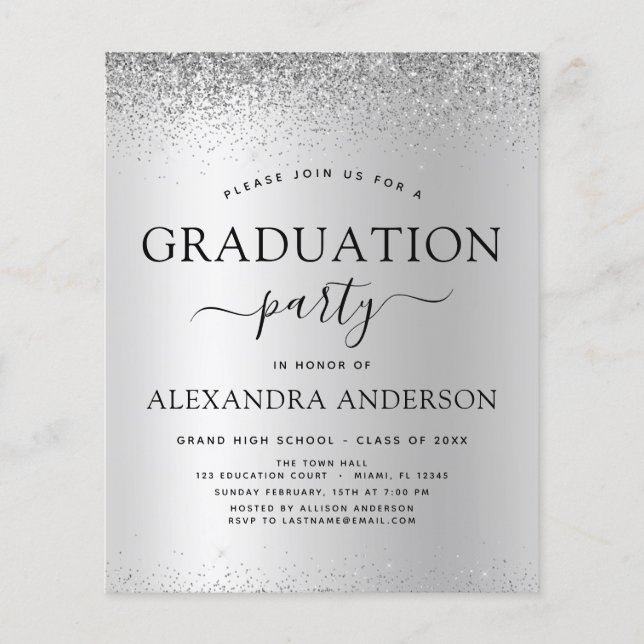 Budget Silver Black 2023 Graduation Party Glitter Flyer (Front)