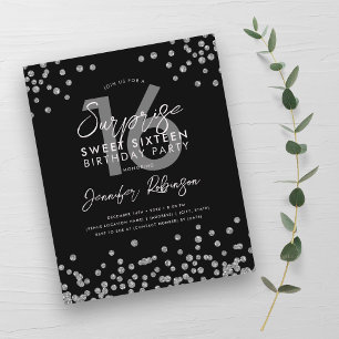 Budget Silver Black Confetti Sweet 16 Invite