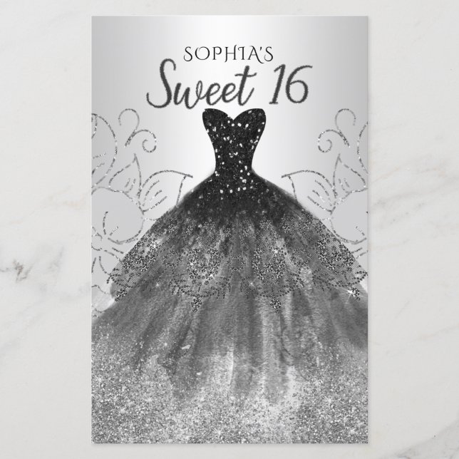 Budget Silver Black Dress Sweet 16 Invitation (Front)