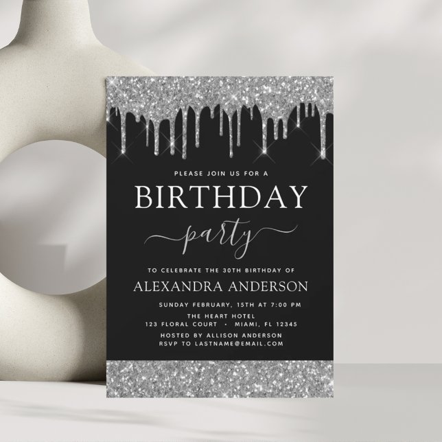 Budget Silver Black Glitter Birthday Invitation (Creator Uploaded)
