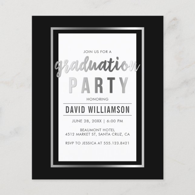 Budget Silver & Black Typography Graduation Party (Front)