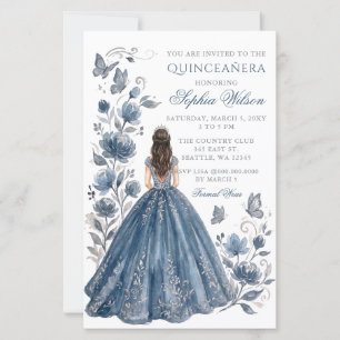Budget Silver Blue Floral Princess Quinceañera