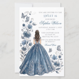 Budget Silver Blue Floral Princess Sweet 16