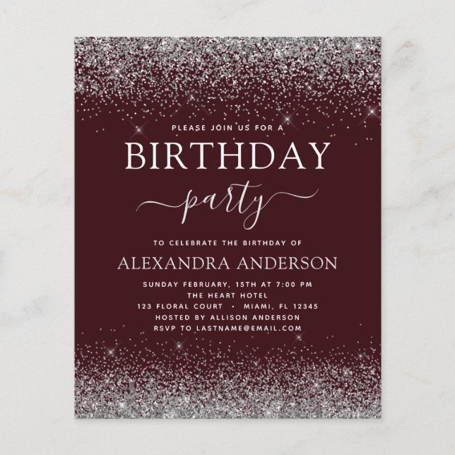 Budget Silver Burgundy Any Age Birthday Glitter Flyer (Front)