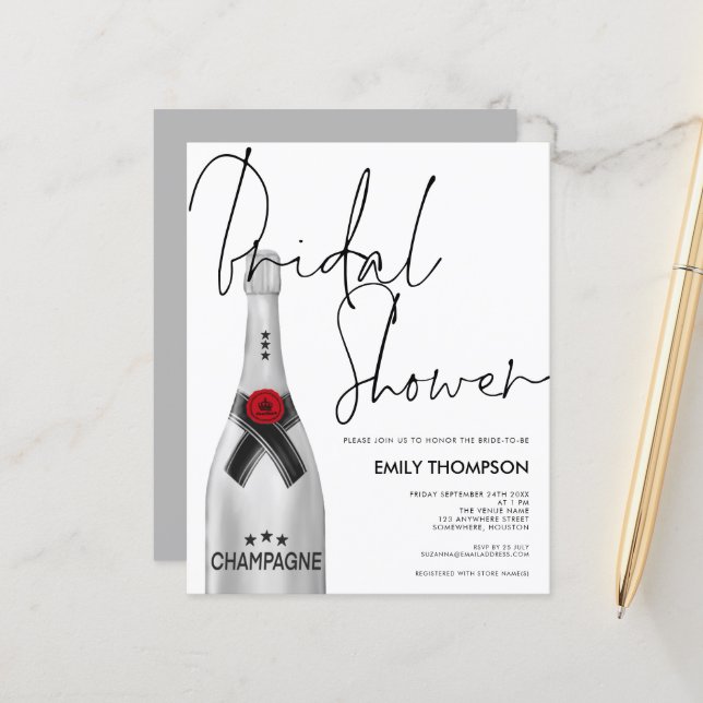 Budget Silver Champagne Script White Bridal Shower (Front/Back In Situ)