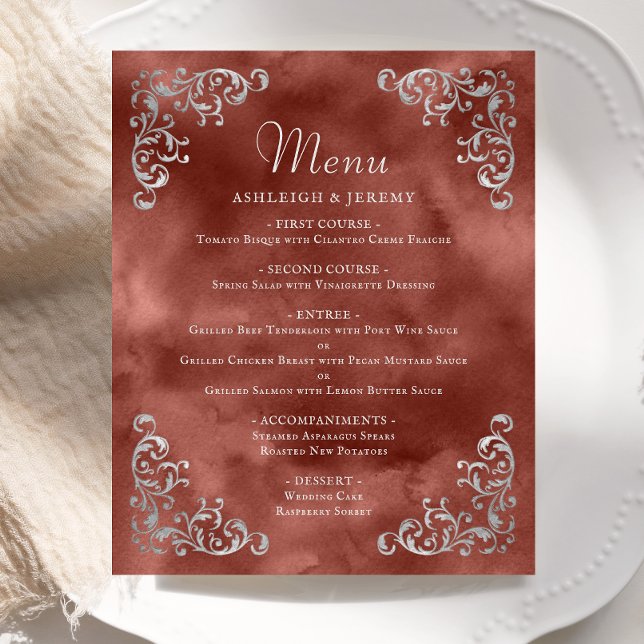 Budget Silver Cinnamon Rust Vintage Wedding Menu (Creator Uploaded)