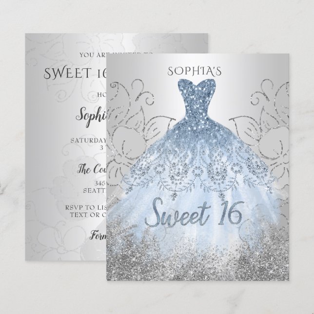 Budget Silver Dusty Blue Dress Sweet 16 Invitation (Front/Back)
