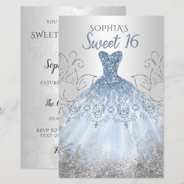 Budget Silver Dusty Blue Dress Sweet 16 Invitation (Front/Back)