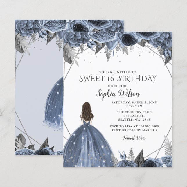 Budget Silver Dusty Blue Dress Sweet 16 Invitaton (Front/Back)