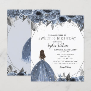 Budget Silver Dusty Blue Dress Sweet 16 Invitaton