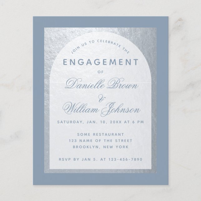 Budget Silver Dusty Blue Engagement Invitation (Front)