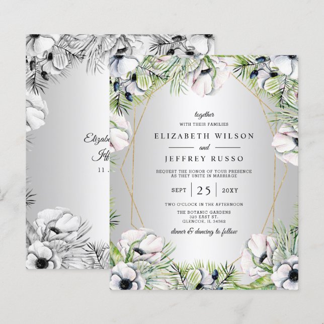 Budget Silver Floral Geometric Wedding Invitation (Front/Back)