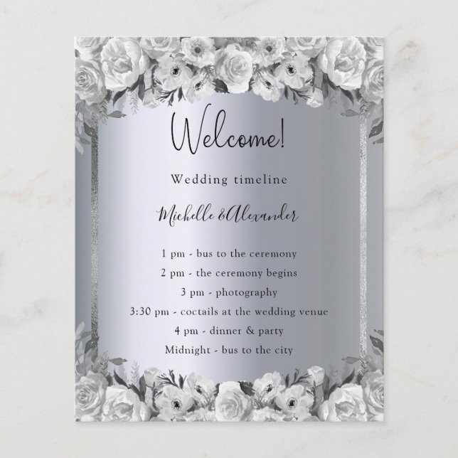 Budget silver floral wedding program  flyer (Front)