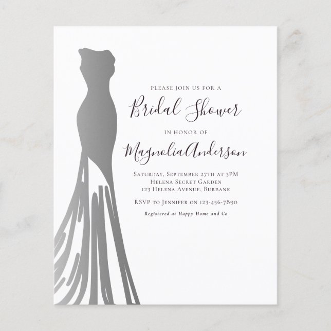Budget Silver Foiil Dress Bridal Shower Invitation (Front)
