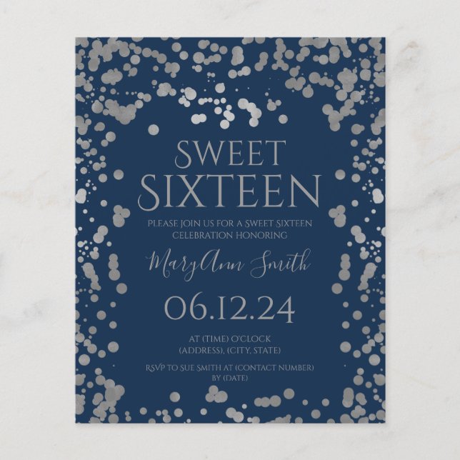 Budget Silver Foil Confetti Sweet 16th Invite Navy Flyer (Front)
