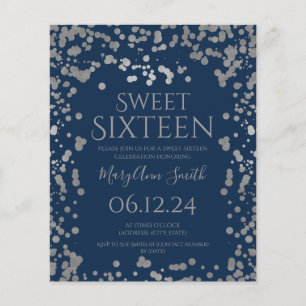 Budget Silver Foil Confetti Sweet 16th Invite Navy Flyer