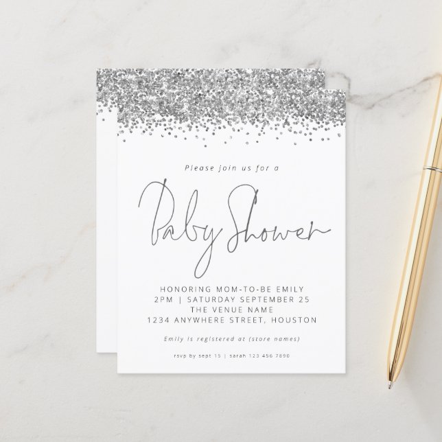 Budget Silver Glitter Baby Shower Invite (Front/Back In Situ)