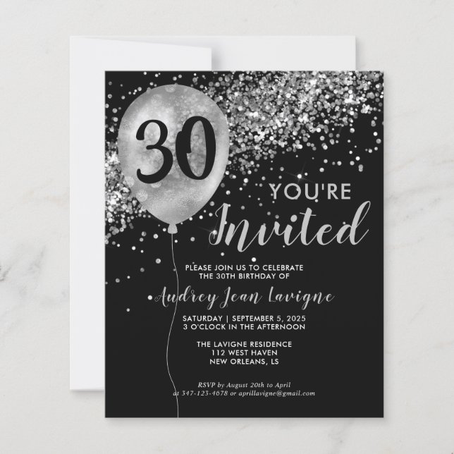 Budget Silver Glitter Balloon Black 30th Birthday (Front)