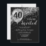 Budget Silver Glitter Balloon Black 40th Birthday<br><div class="desc">Modern Elegant Glam Black Silver Grey Glitter Sparkle Balloon Any Age Adult Birthday Invitation</div>