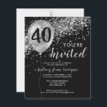Budget Silver Glitter Balloon Black 40th Birthday<br><div class="desc">Modern Elegant Glam Black Silver Grey Glitter Sparkle Balloon Any Age Adult Birthday Invitation</div>
