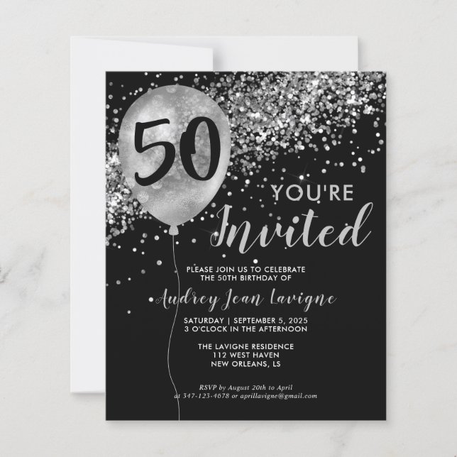 Budget Silver Glitter Balloon Black 50th Birthday (Front)