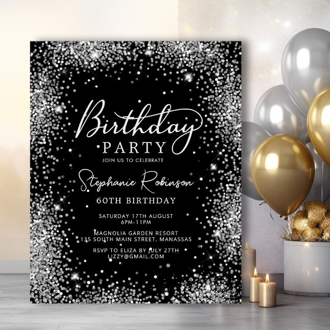 Budget Silver Glitter Black 60th Birthday Invite (Creator Uploaded)