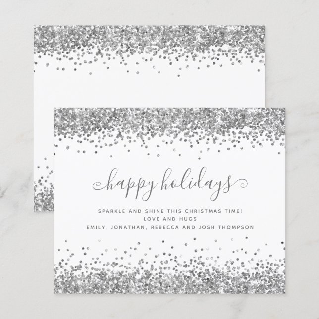 Budget Silver Glitter Borders Happy Holidays Card (Front/Back)